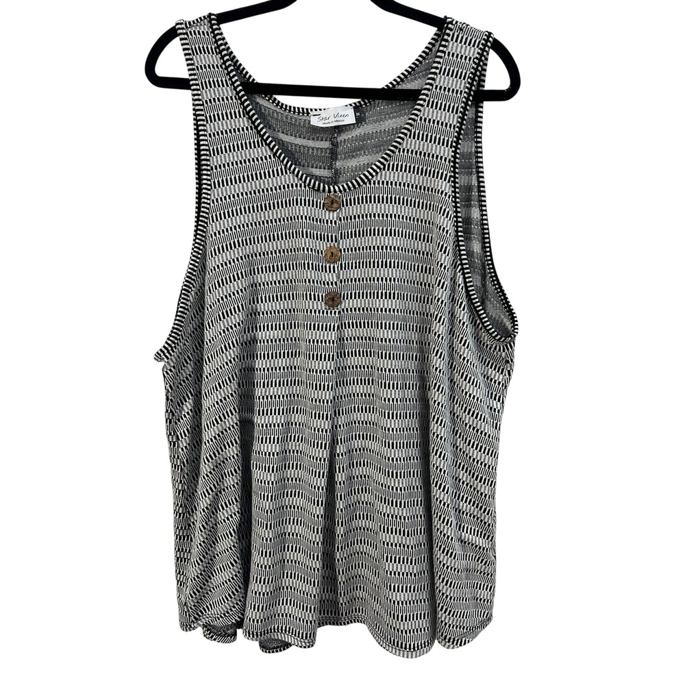 Star Vixen Tank Top 3X Geometric Pattern Black White Button Detail